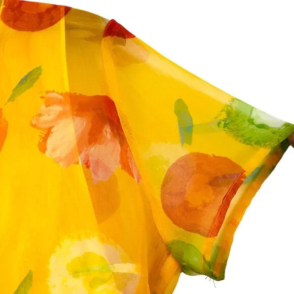 Vtg Byer Studio Women's Sheer Dress Size 14 Floral Print Yellow 3-Tiered Hem - Picture 6 of 12